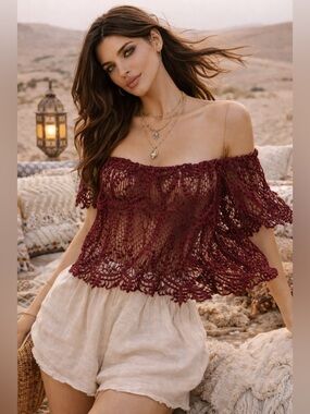 Stone Cold Fox Maroon Embroidered Lace Off Shoulder Top Size S/M Boho Luxe